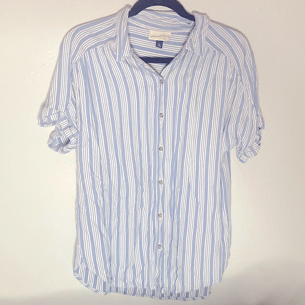 Blue and white striped button up blouse